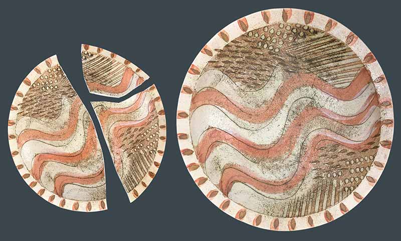 Decorative Bowl Restoration Before and after with 3 broken sections repaired..